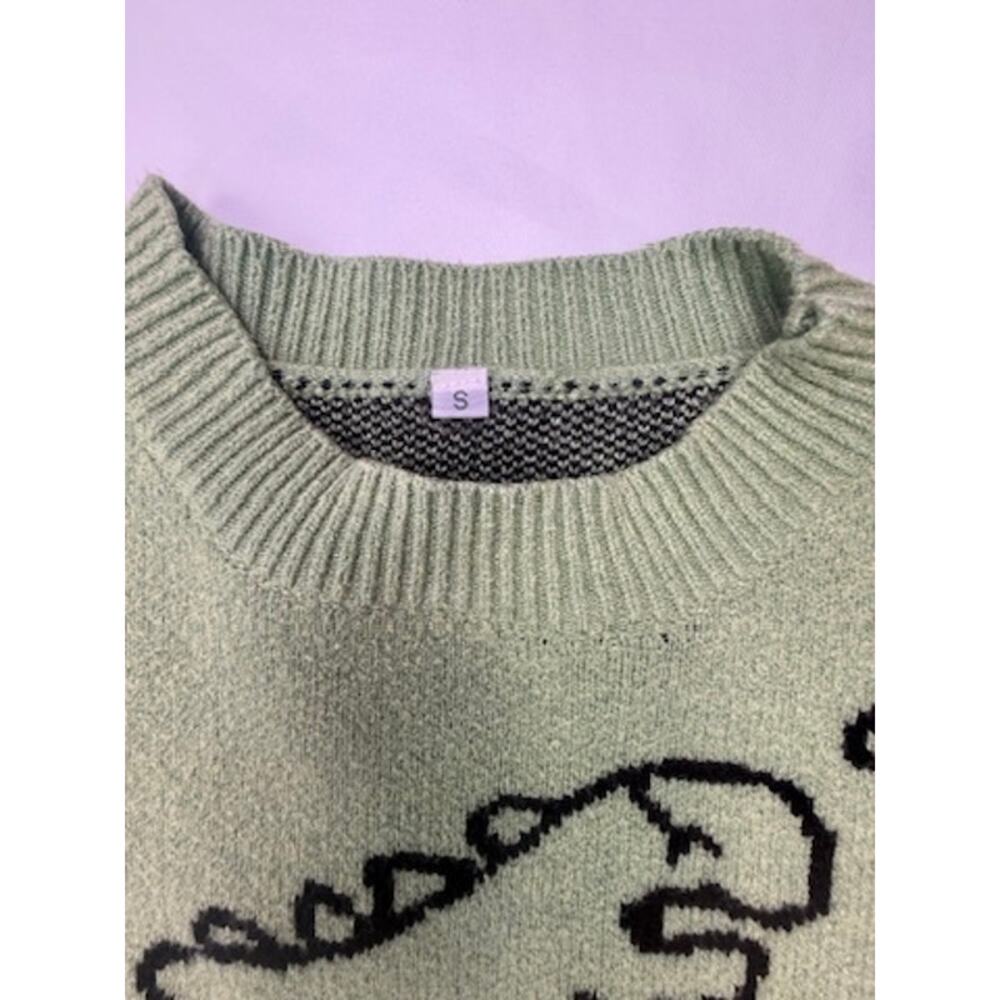 Green Dinosaur Cartoon Knit Sweater Unisex Small Crewneck Graphic Pullover - Picture 3 of 11